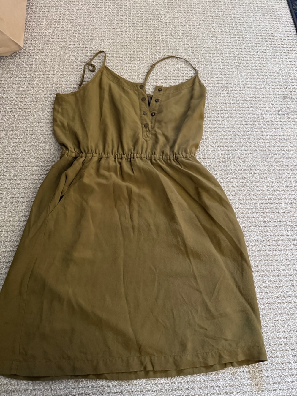 Olive Green Button-Detail Spaghetti-Strap Dress